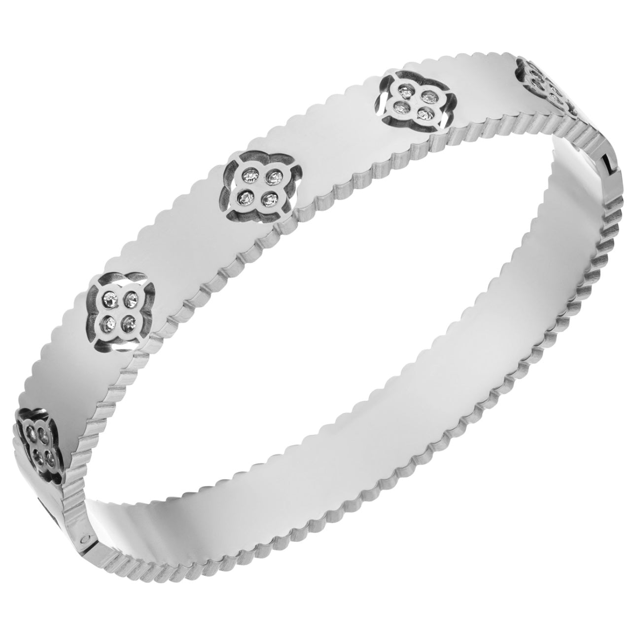 Kleeblatt Armreif mit eingestanzten Clover-Motiven in Silber, wasserfest und fΓ€rbt nicht ab.