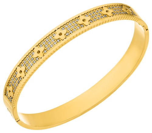 Entdecke unseren exklusiven Aria Armreif mit stylischen Kleeblatt-Motiven in Gold, der wasserfest ist und nicht abfΓ€rbt.