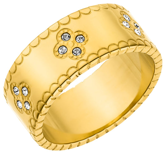 Breiter Ring mit Steinchen besetzten Kleeblatt-Motiven in Gold, wasserfest und färbt nicht ab.